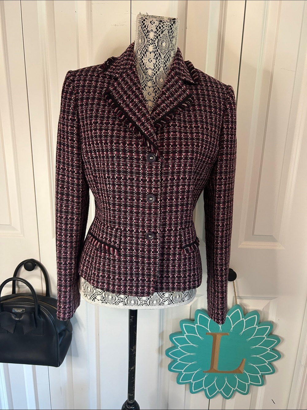 Stresa Plum Plaid Tweed Fringe Trim Fitted Blazer Jacket - size 6